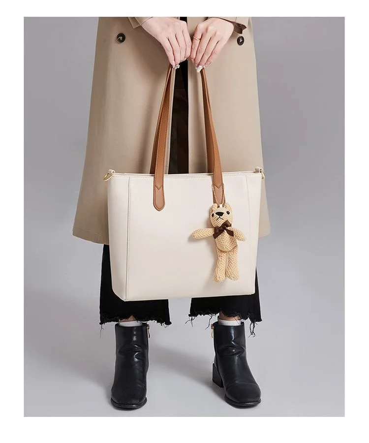 Women's Faux Leather Large Capacity Handbag with Teddy Bear Charm
