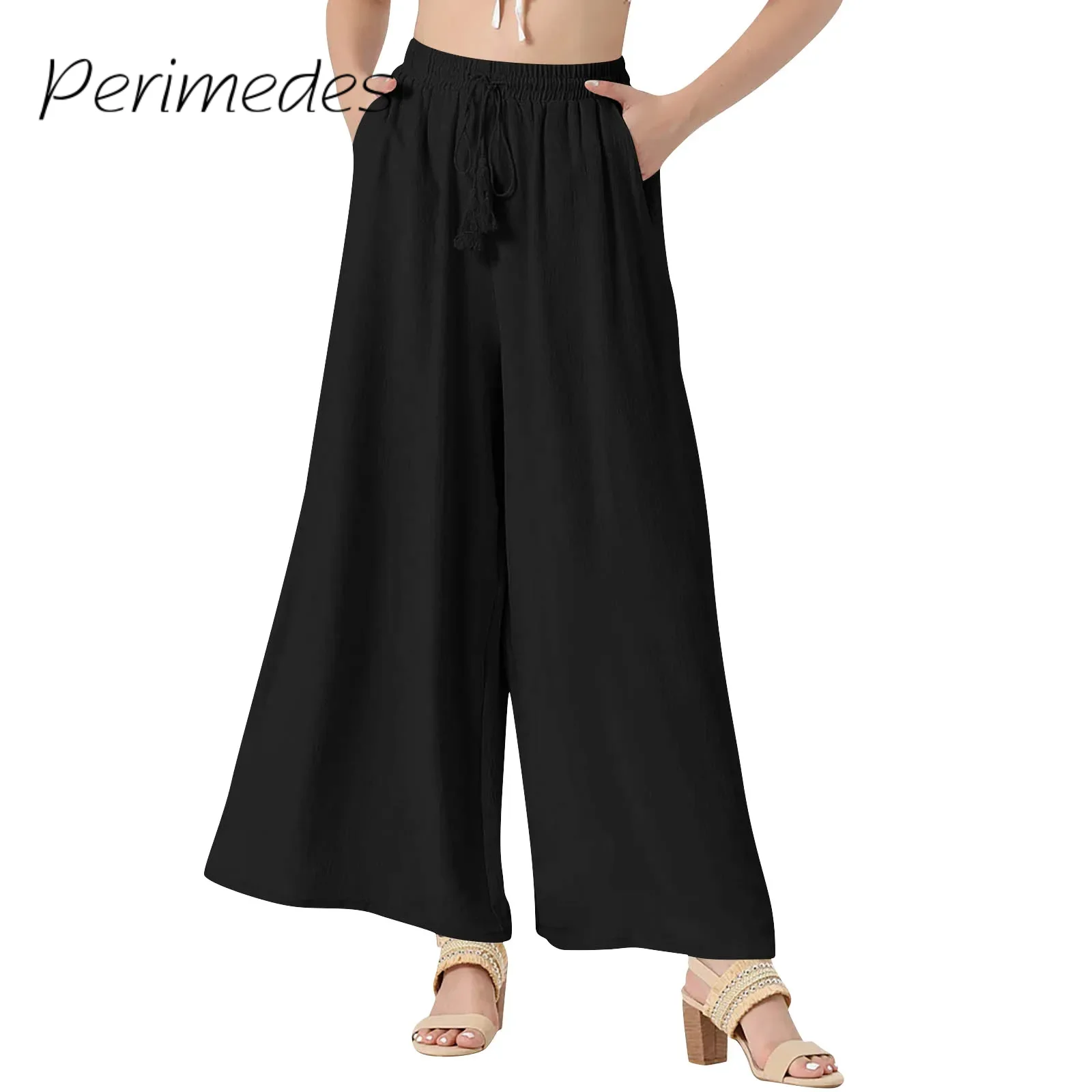 Women'S Wide Leg Pants Solid Color Boho Flowy Trousers Draped Temperament Drawstring High Waist Summer New Fashionable Pants