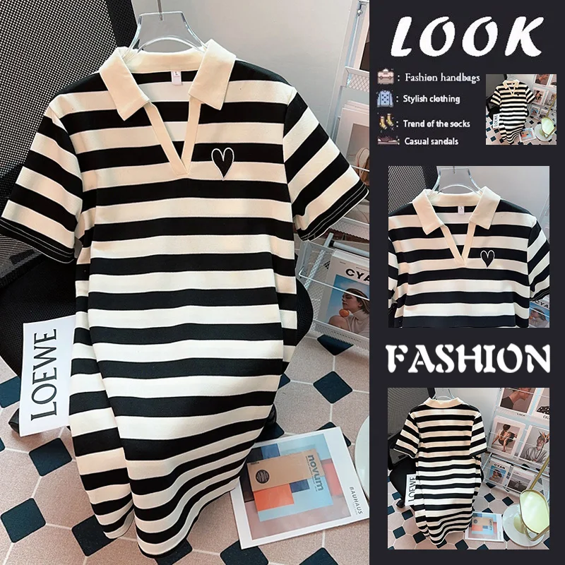 

Women's Short Sleeve T-Shirt Striped Mid-Length Collar Dress Korean Style Commute Fashion Embroidery Casual Loose Fit