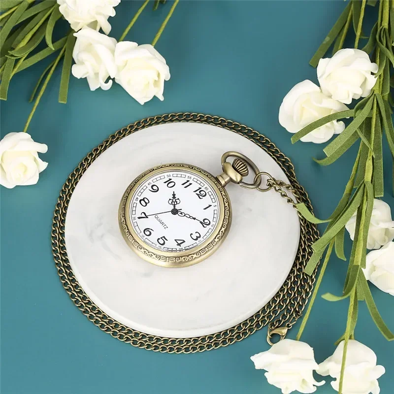 

Vintage Open Face Men Women Quartz Analog Pocket Watch Arabic Number Display Necklace Chain Timepiece Gift