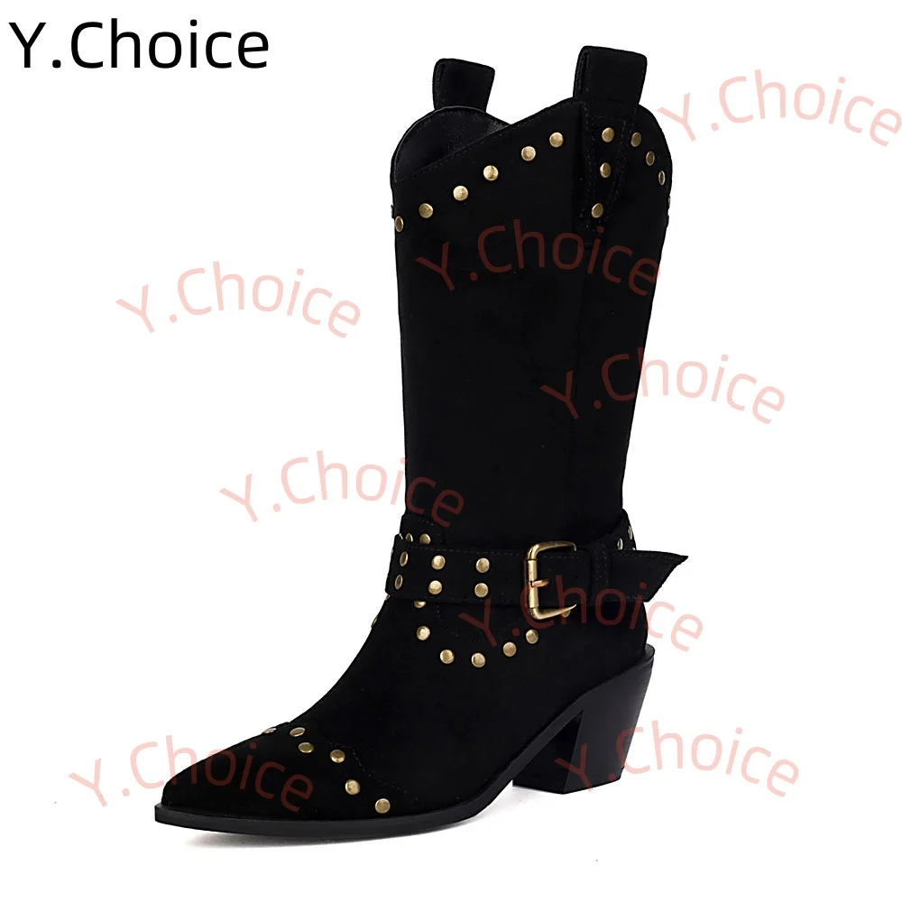 

Y.CHOICE Women Western Boots Mid-calf Boots Metial Buckle Solid Pointed Toe Chelsea Boots For Women Punk Goth Western Boots