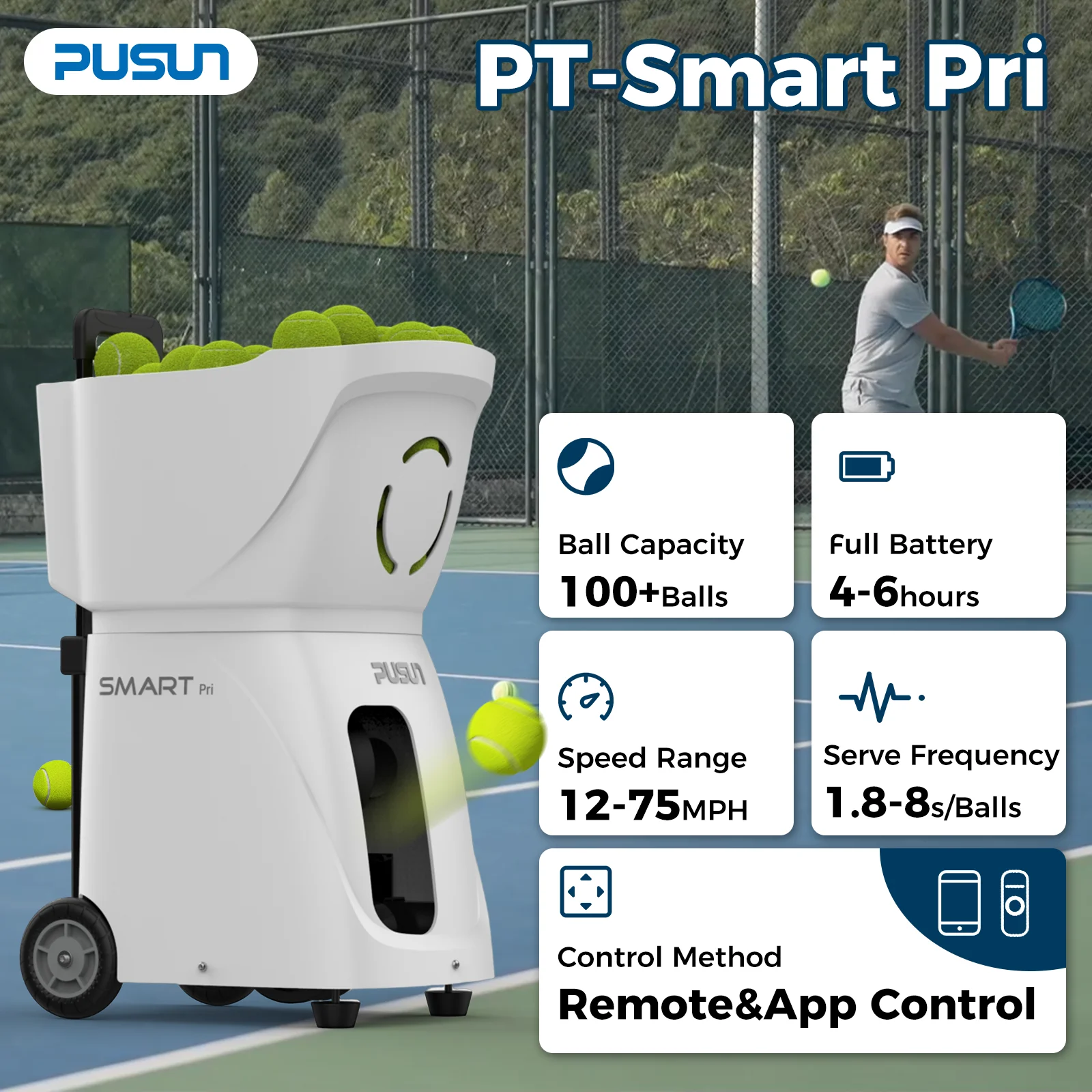 Tennis Ball Machine(PT-Smart Pri) for Solo Training, App&Remote Control, 100+Ball Capacity,