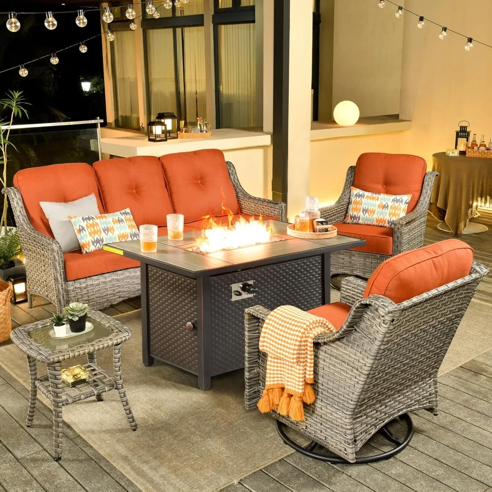 

5 Piece Patio Furniture with Fire Pit Table,Wicker Coversation Set with Swivel Rocking Chair,Comfy Sectional Deep Sofa