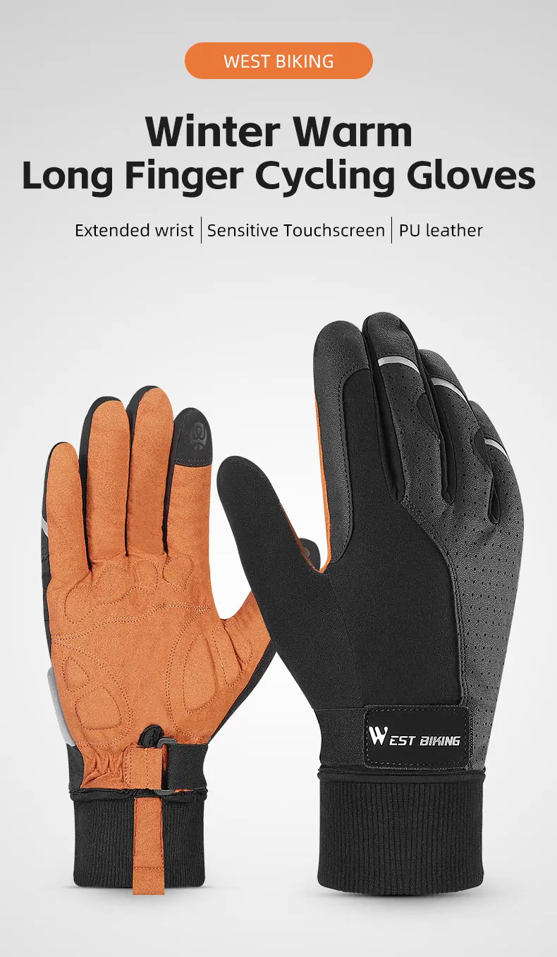 WEST BIKING Winter-Thermo-Fahrradhandschuhe für Herren, winddicht, mit Fleece, Touchscreen-fähig, aus PU-Leder, stoßdämpfend, mit SBR-Anti-Rutsch-Beschichtung, lange Manschetten. – Detail 1