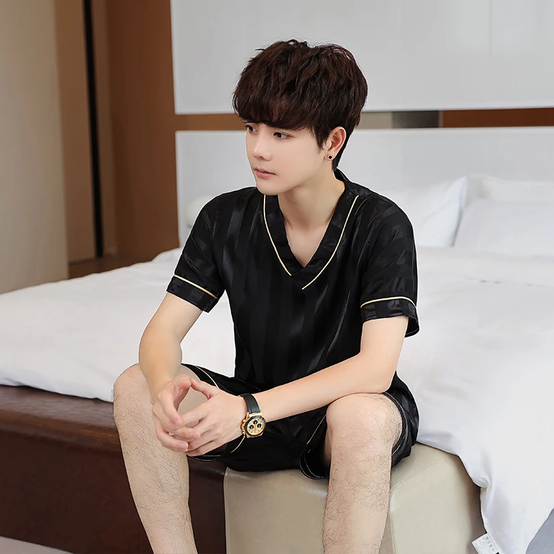 New Pajamas Single Men's Summer Short V Neck Silk Jacquard Casual Simple Homewear Suit Pajama Set