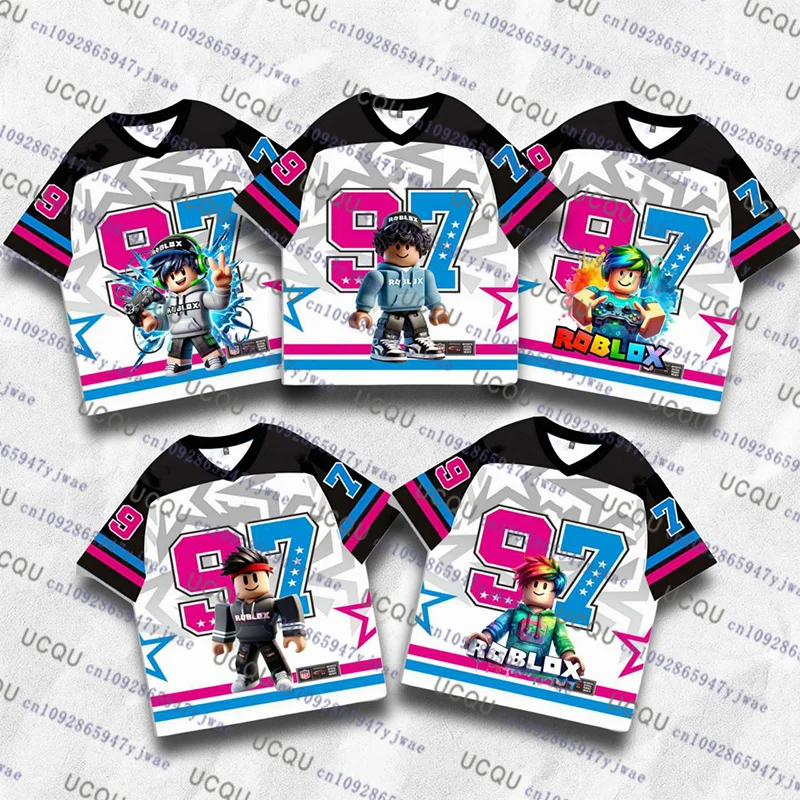 

Футболка для детей Roblox Game Kids, спортивная одежда с героями мультфильмов для мальчиков и девочек, повседневная дышащая одежда с v-образным вырезом и короткими рукавами, летняя детская одежда, подарок