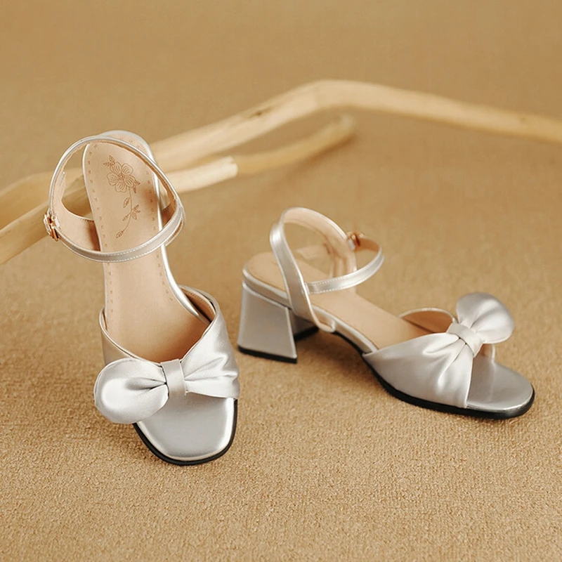 ASILETO 2024 New Peep Toe Round Women Sandals Big Bowtie 5.5cm Thick Heel Ankle Strap Big Size 44 45 46 Dress Silver White