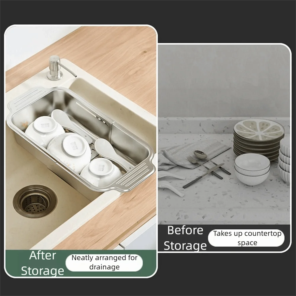 Retractable Vegetables Drain Basket 304 Stainless Steel Thickened Kitchen Sink Rack with Handle Multipurpose Dish Drying Shelf