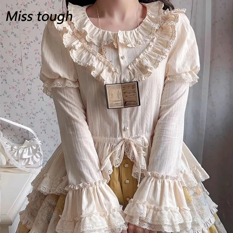 Japanische Kawaii Solide Frauen Tops Blase Langarm Lolita Hemd Spitze Ausgestellte Ärmel Gericht Retro Pullover Y2k Gothic Stil Bluse