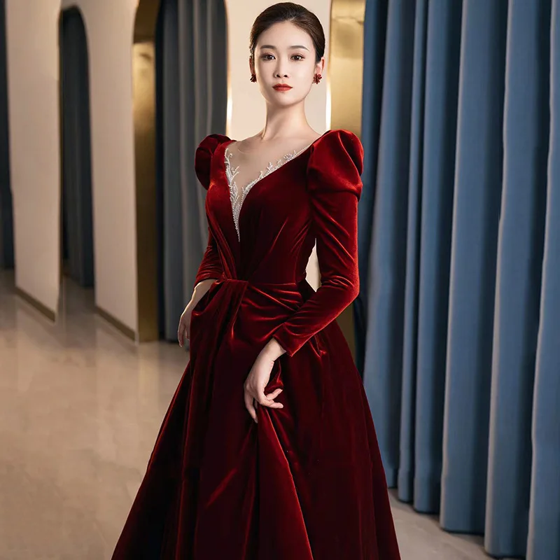

Wine Red Toast Dress Long Sleeve New Bridal Marriage Engagement Dress Dress Banquet Annual Meeting Evening Dress