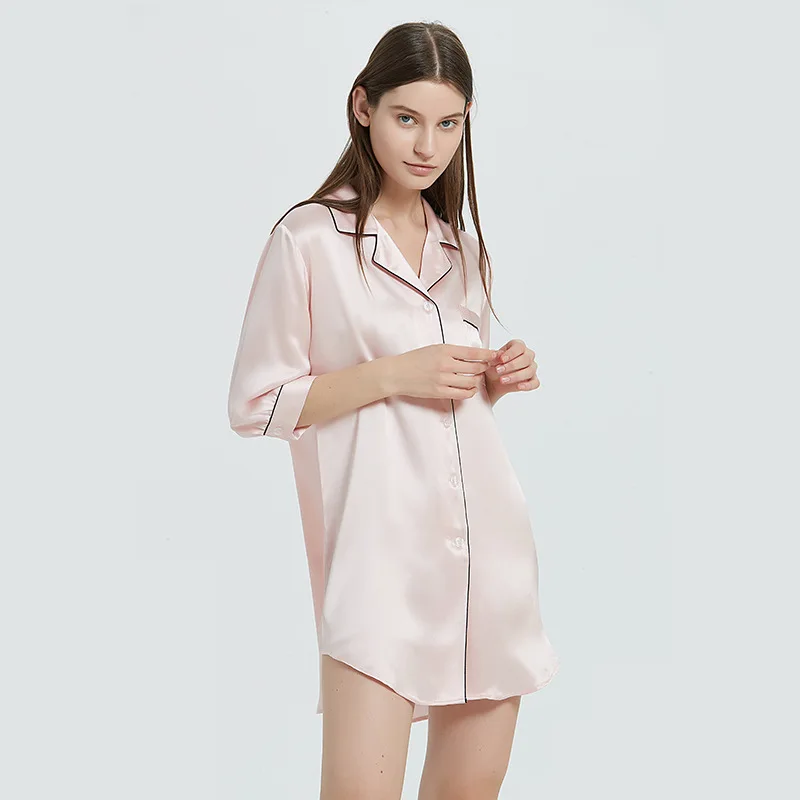 19 Momme 100% Mulberry Silk Nightdress Women Solid Color Simple Sexy Short Sleep Shirt Comfortable Loungewear