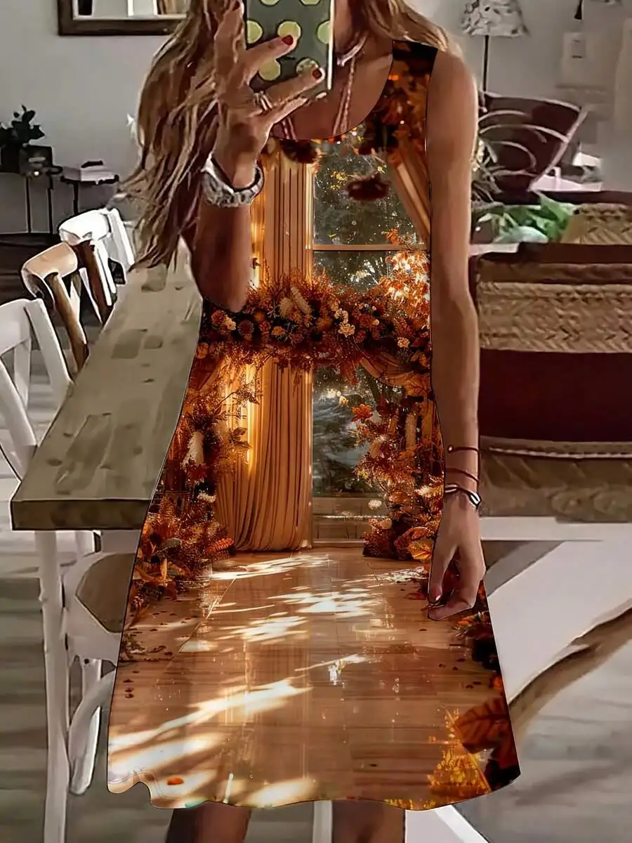 

Women Sleeveless Dress Autumn Leaves Sunlight Print Thanksgiving Festival
