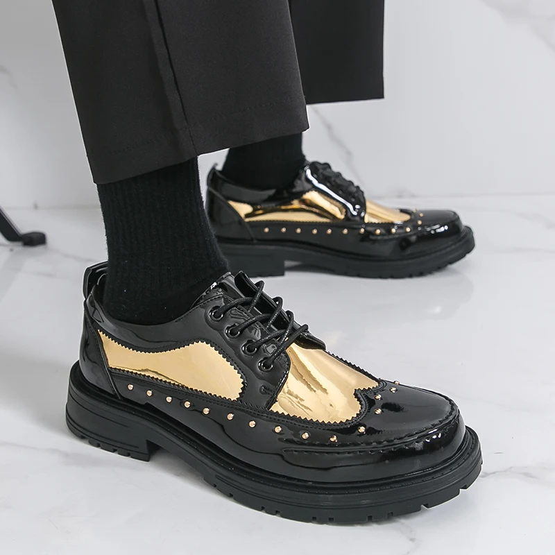 Brand Luxury Men Studded Lace Up Thick Soled Leather Shoes Fashionable Men's Comfortable Height Increasing Groom's Wedding Shoes