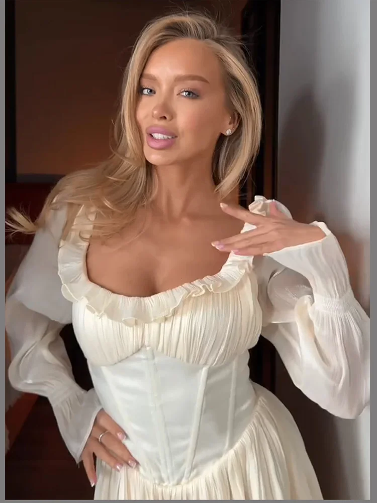 Quadratischer Ausschnitt Rüschen Kurzes Bodycon-Kleid Damen Sexy Laternenärmel Fischgräten-Schnürung Korsett-Kleider Schicke Damen-Partykleidung Robe – Detail 37