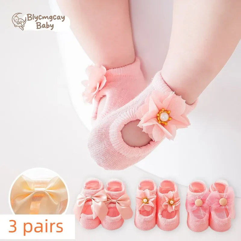 3 Pairs Baby Girl Lace Bow Socks Cotton Hollow Hole Ankle Socks Girls Solid Color Summer Non-slip Floor Socks