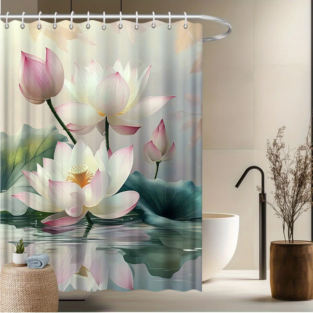 

Занавеска для душа с цветком лотоса - акварельные цветы лотоса и листья, устойчивый к выцветанию полиэстер, моющаяся машина, элегантный декор для ванной комнаты