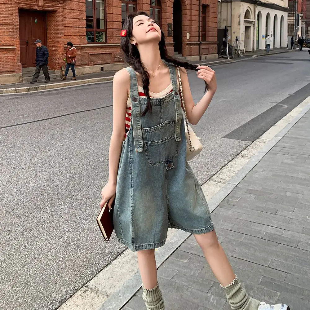 Milk Huhu Denim Bib Women's 2026 Summer Short New Female Korean Version Loose Ladies Leisure Harbor Wind High Waist Shorts.