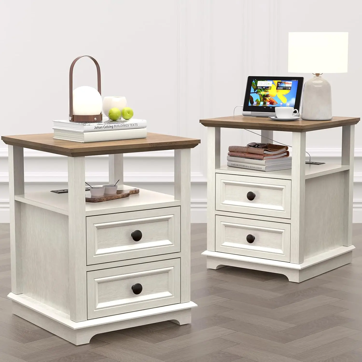 Nightstand with Charging Station Set of 2, Fast Charge End Table 18
