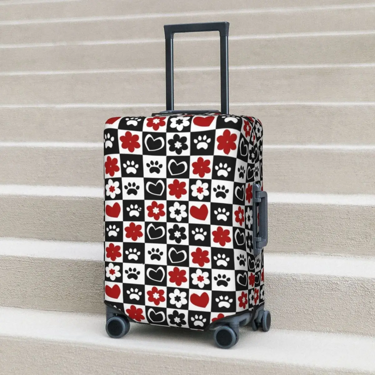 Chessboard Pattern Suitcase Cover Flowers Hearts Cat Footprint Vacation Cruise Trip Useful Luggage Accesories Protection