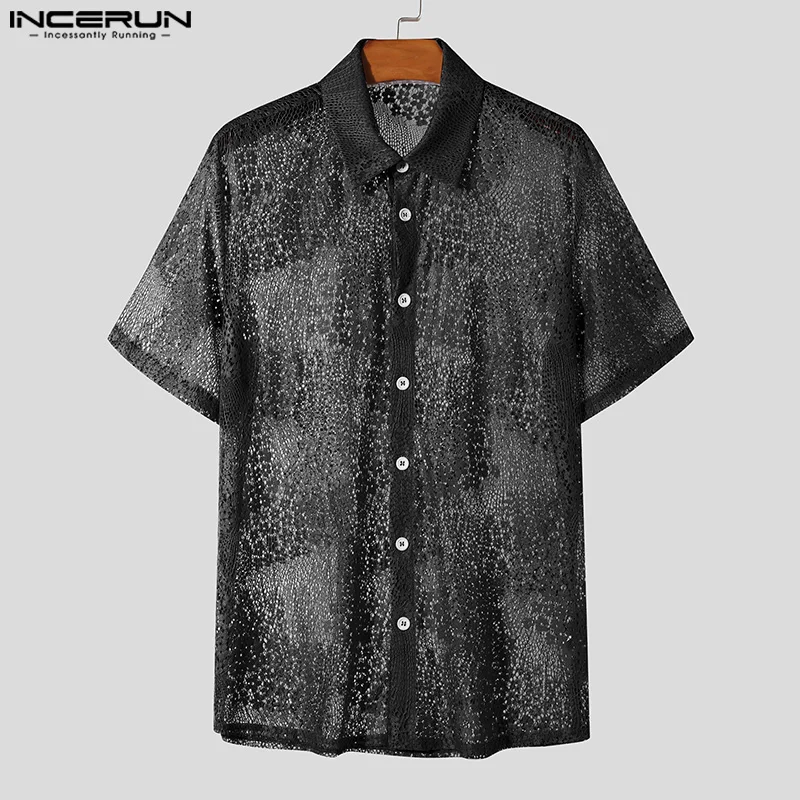 Men Shirt Floral Lace Hollow Out Lapel Short Sleeve Streetwear Sexy Men Clothing 2024 Transparent Fashion Shirts S-5XL INCERUN