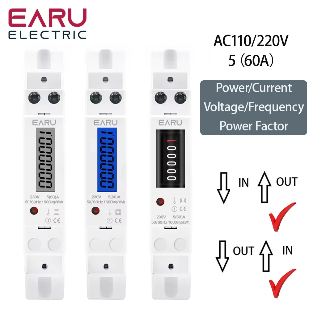 18mm Single Phase 1P Backlight Digital Wattmeter Power Consumption Analog Energy Meter kWh AC 230V 50Hz LCD Electric Din Rail