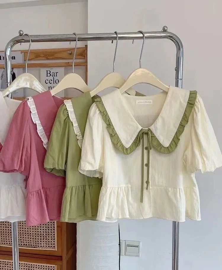 

Милый универсальный ort кукольный воротник irt, женский летний новый Sle для поездок на работу, деревянные уши, кружевной узел, Neline, эффект похудения