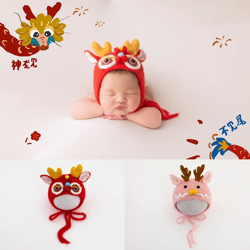 2024 Dragon Theme Newborn Hat Photography Props Cute Cartoon Loong Crochet Knitted Hat Baby Boys Girls Cap Studio Photo Props