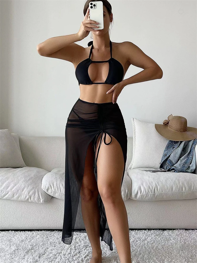 

Bikini Women Swimsuit 2025 New Black Halter Design Bikinis Set Sexy Long Skirt Swimwear Summer 3 Piece Set Bathing Suit Female