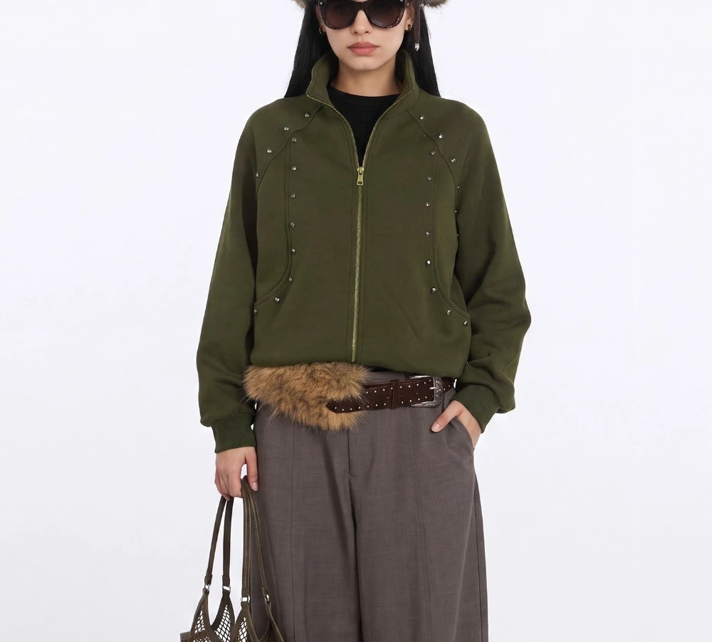 Stand-up Collar Zipper Short Jacket Women's Autumn and Winter New Rivet Olive Green and Versatile Trend Texture Unique Fashion