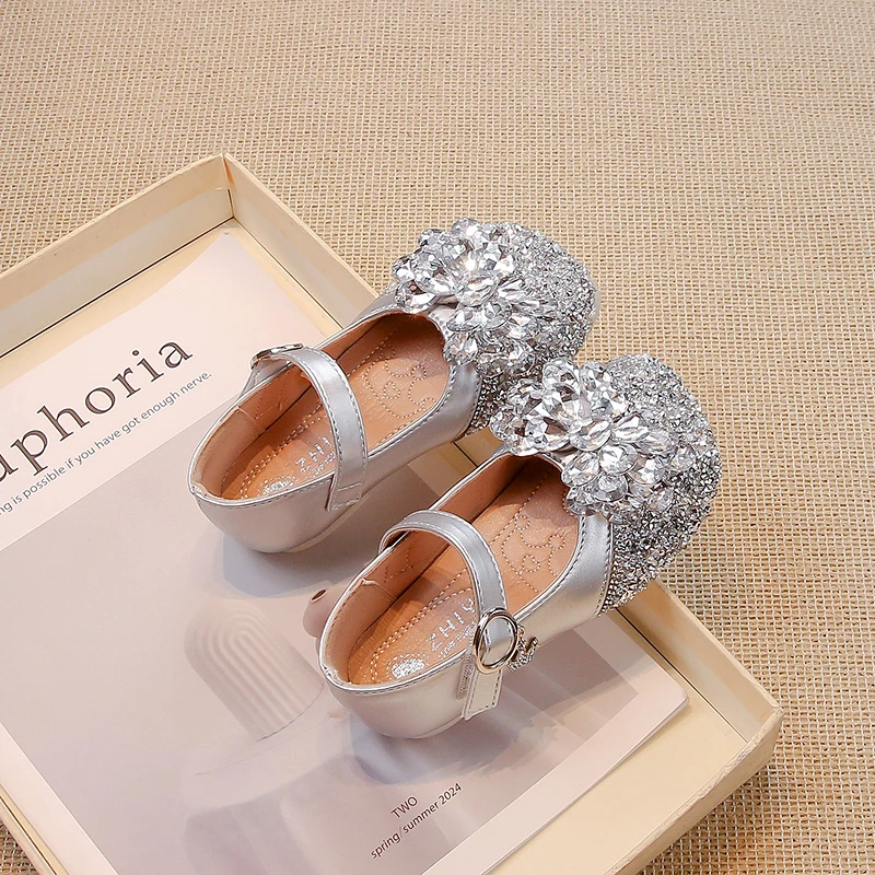 Silver/beige Girls Leather Shoes with Glitter Rhinestone Bow Outdoor Spring Autumn PU Princess Leather Shoes Sandalias De Mujer