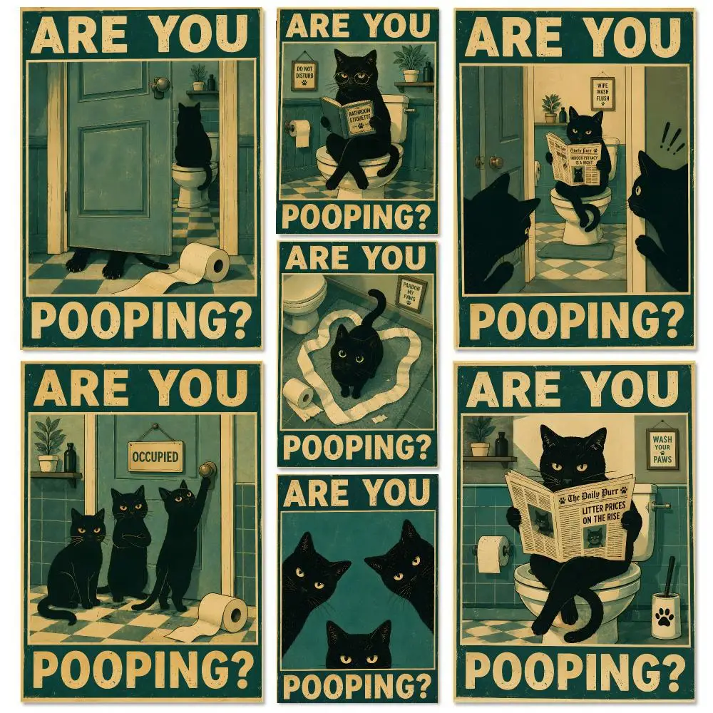 Are You Pooping black cat bathroom funny Poster Self-adhesive Advanced Aesthetic Printing Paper Wall Art Living Room Home Decor