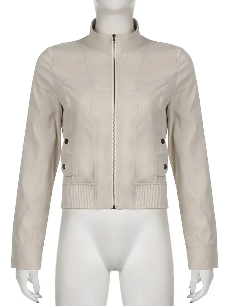 FDEY Vintage Zip Up chaquetas elegantes otoño ropa de calle bolsillos Harajuku abrigos sólidos Casual 2000s básico Y2K tela estética