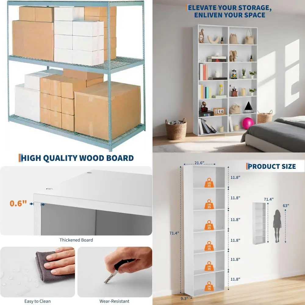 

Industrial-Style Rustic Wood 6-Shelf Tall Bookcase for Home Office, Sturdy Storage Organizer with 6 Tiers