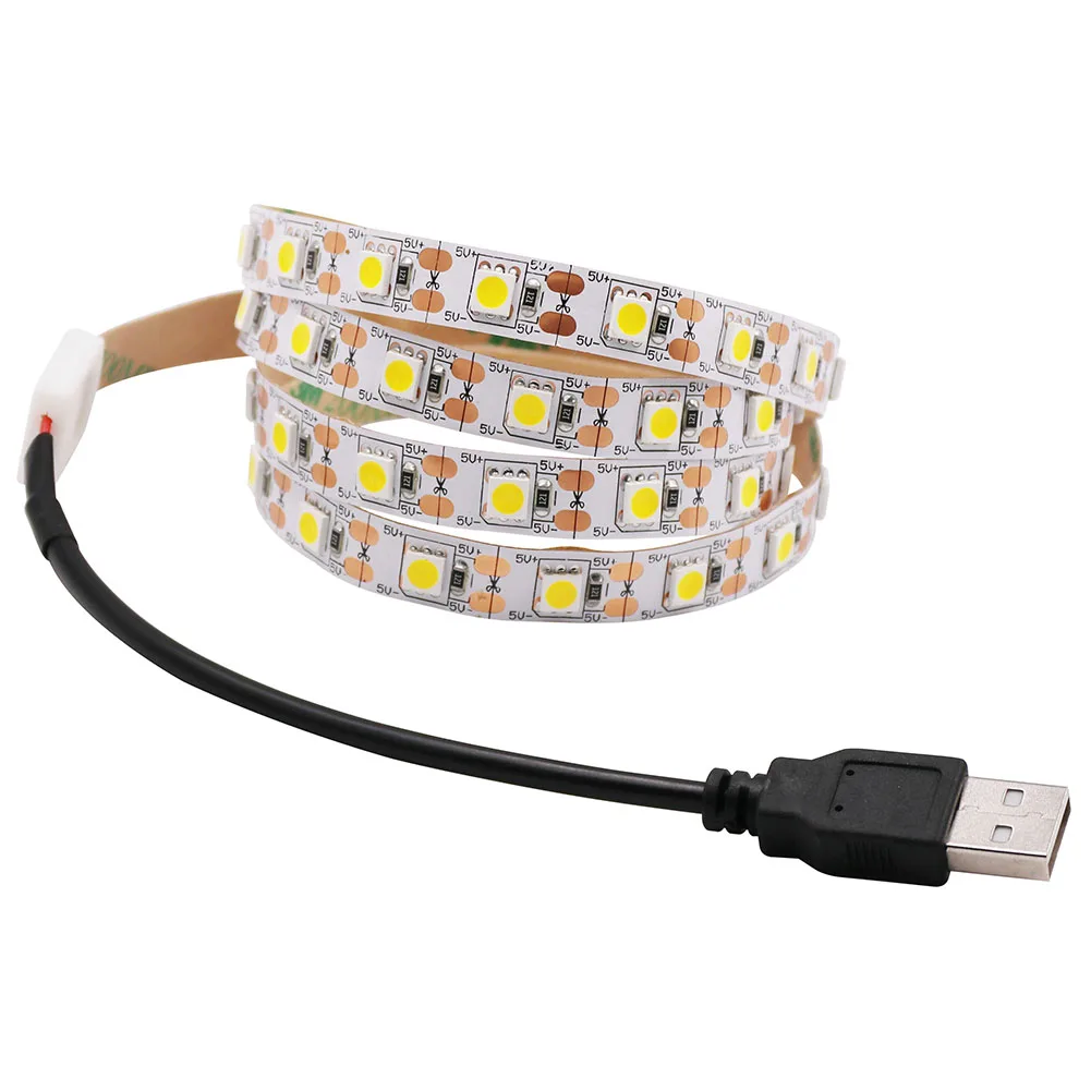 USB LED Strip para TV Iluminação de Fundo, Branco Frio, Branco Quente, 60LEDs por m, Clip Connector, 30cm, 50cm, 1m, 2m, 3m, 4m, série 5m, 5050
