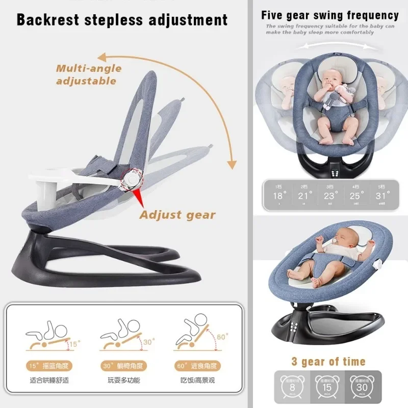 Electric Baby Bouncer & Rocker with Sun Shade Mosquito Net Toy Rack Cradle Bed Baby Swing Bouncer Bluetooth Touch Screen Rocker