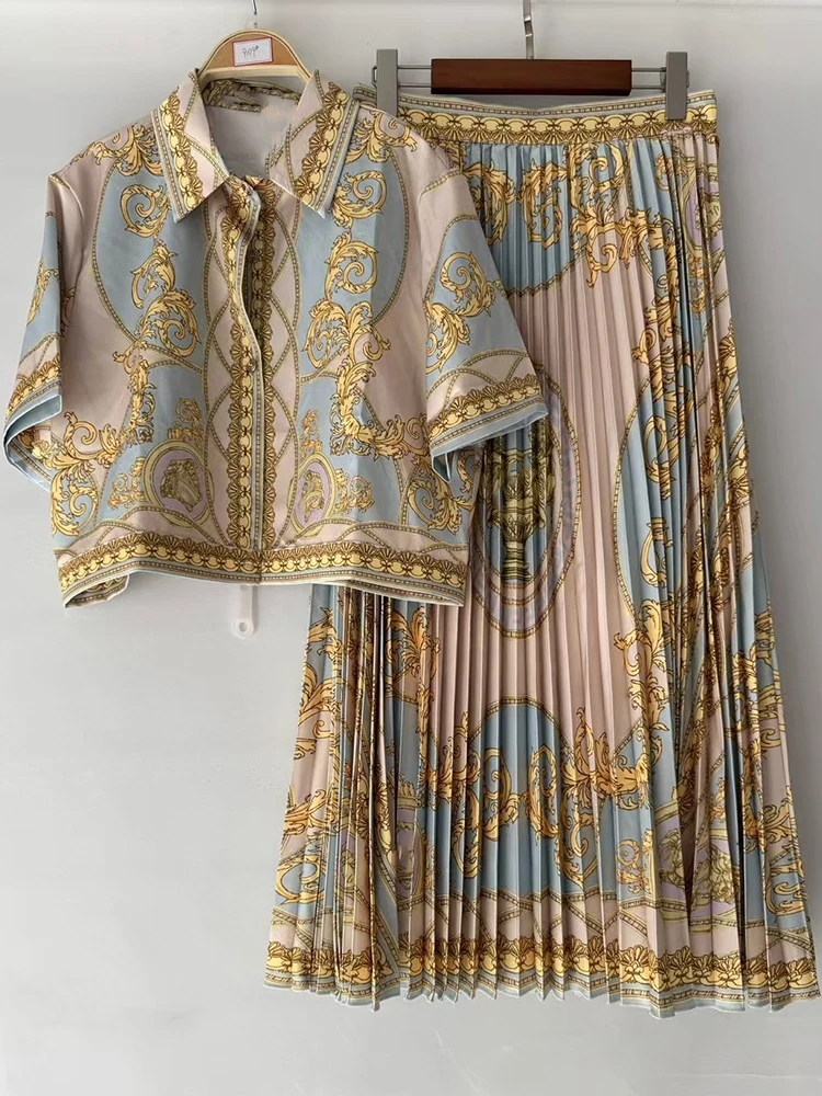 الربيع والصيف جديد قطعتين واحدة الصدر قصيرة الأكمام المطبوعة قميص قصير عالية الخصر تنورة على شكل حرف A بدلة نسائية الموضة