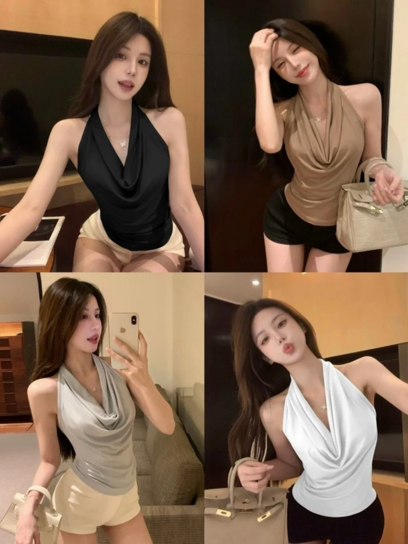 Elegant Backless Atmosphere Swing Collar Halter Top Sleeveless Slimming Design Spring Outerwear Tank Top Casual Style Pure Color