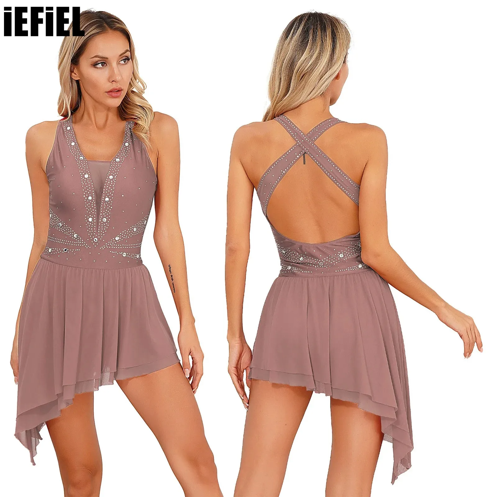 

Womens Cross Back Ballet Dress Glittery Rhinestone Asymmetrical Sleeveless Dresses for Figure Skating Performance