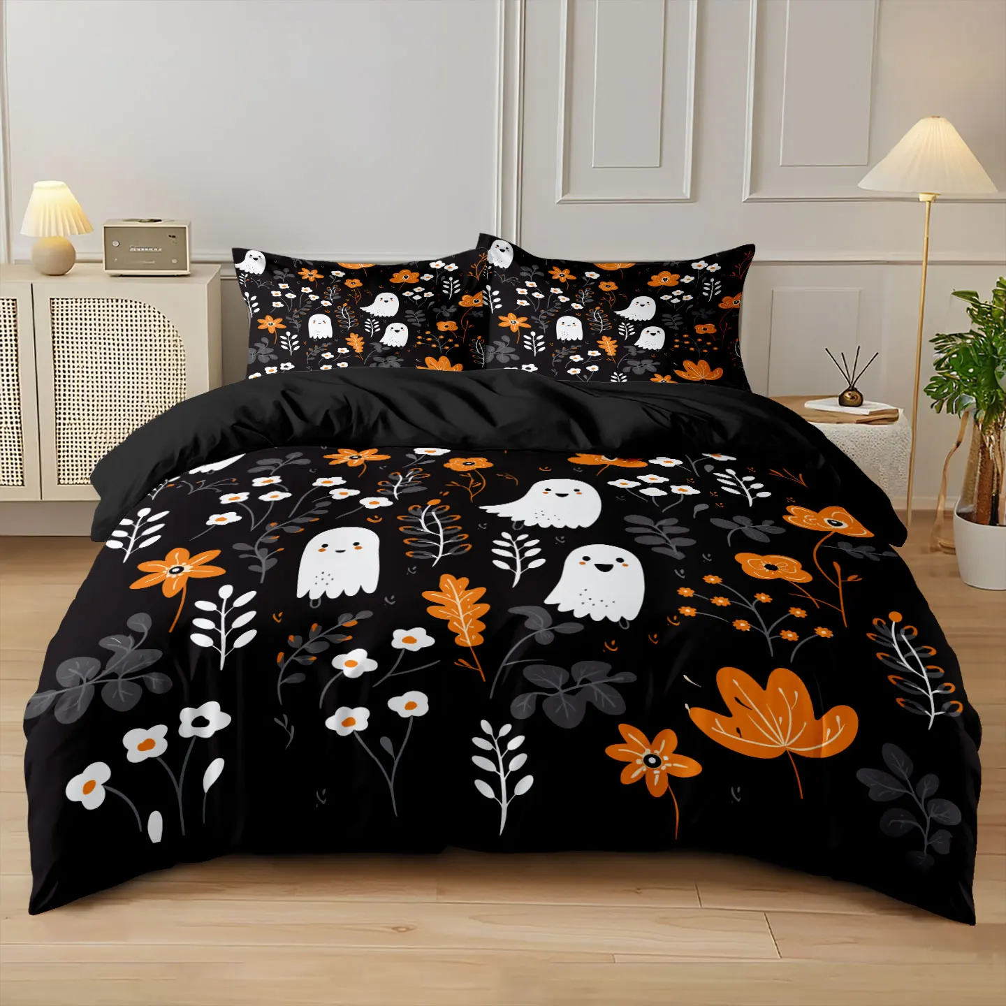 3-teiliges Halloween-Steppdecken-Set mit niedlichem Geister-Blumendruck, kernlos, verschiedene Größen, Schlafzimmer, Schlafsaal, weich und bequem, maschinenwaschbar