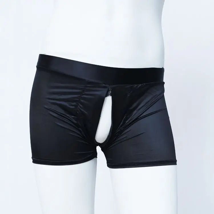 Men\'s Zipper Open Crotch See Through Ice Silk Thin Glossy Shorts Panties Casual Sleeping Shorts Bottoms Underwear