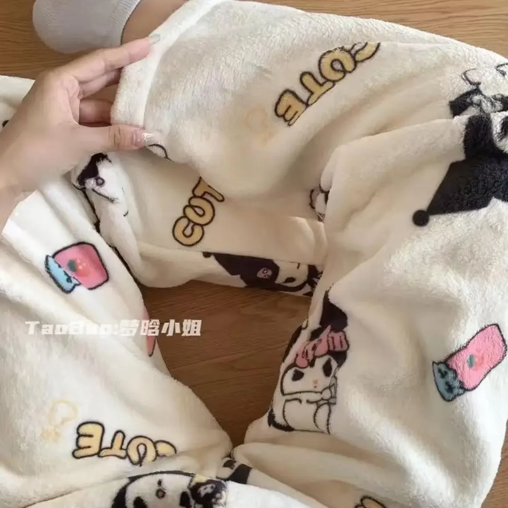 Sanrioed Cartoon Hangyodon Women Plush pajama pants Anime Kawaii Cinnamoroll Kuromi Coral Fleece Thicken Warm Girls Pants