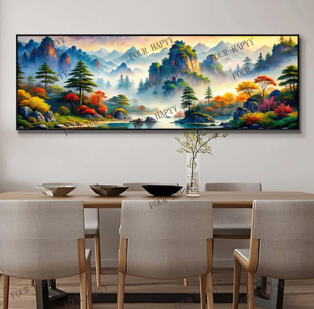 5D DIY Large Diamond Painting Cross Colorful Mountains Rivers Trees Landscape Wall Art, Full Round Drill, Embroidery Home Decor