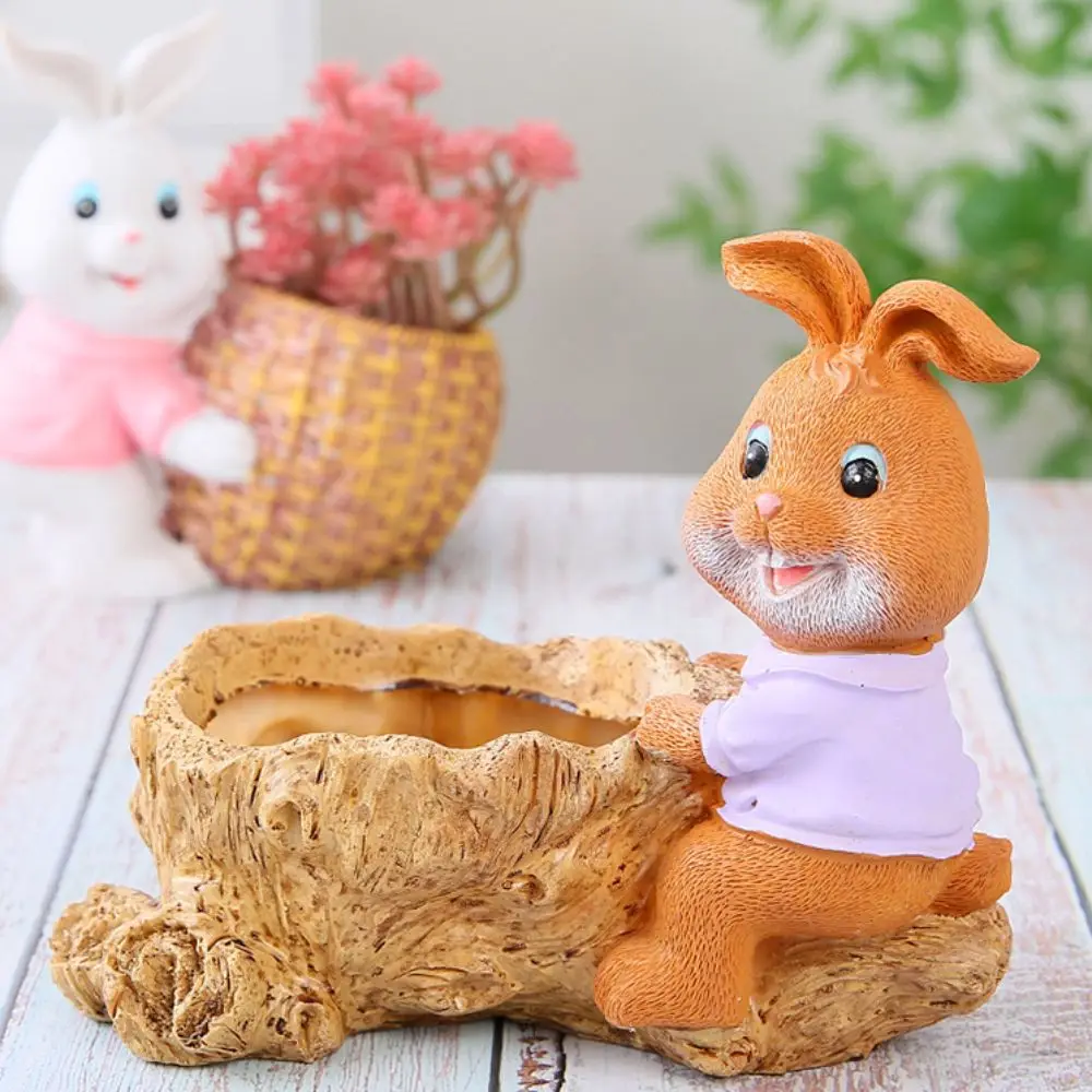 Natural Style Bear Rabbit Figurine Resin with Drainage Holes Bunny Statue Flowerpot Creative Retro Cute Animal Flowerpot