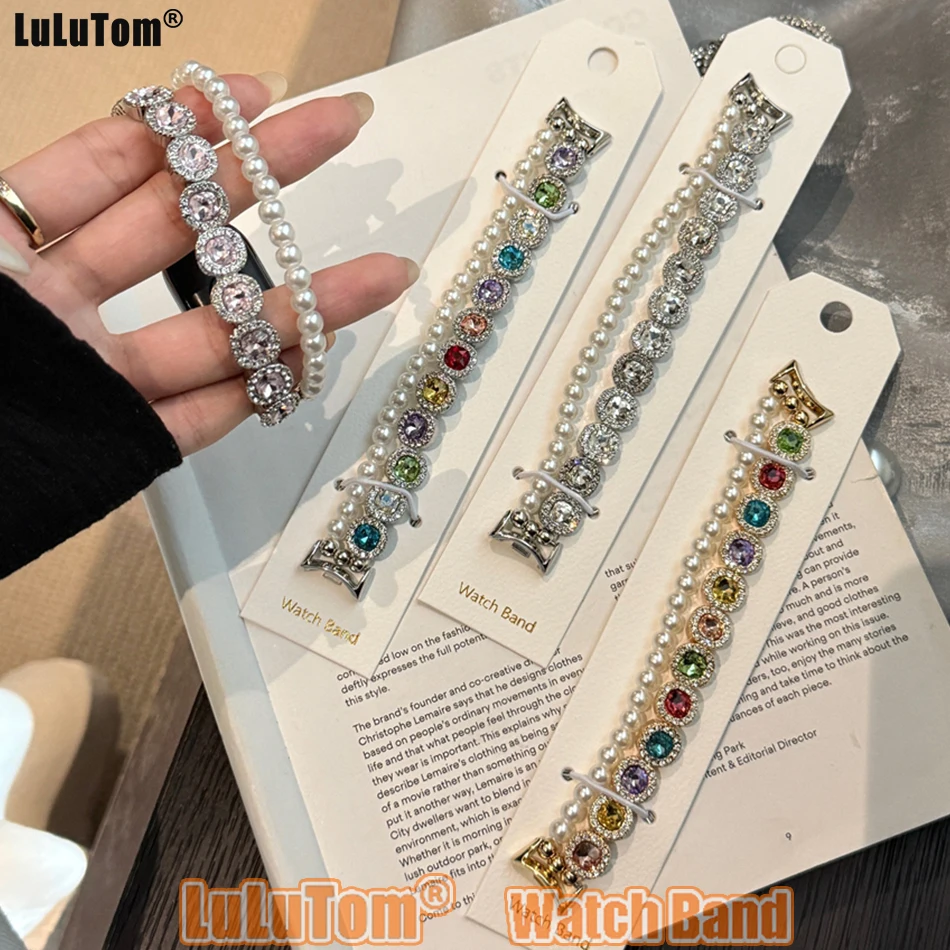 Strap For Xiaomi Mi Band 10 9 8 Pro Fashion Colored Gem Diamond Pearl Watchband For Miband 8Pro 9 Pro Elastic Bracelet Wristband