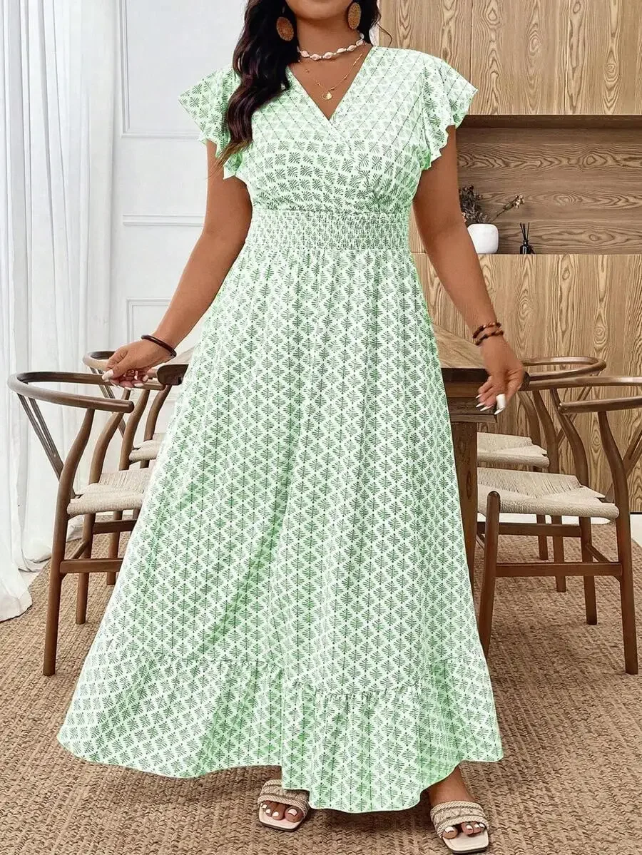 

Elegant Floral Print Ruffle Short Sleeve Elastic Waist Maxi Dress For Women Spring Summer Autumn Casual
