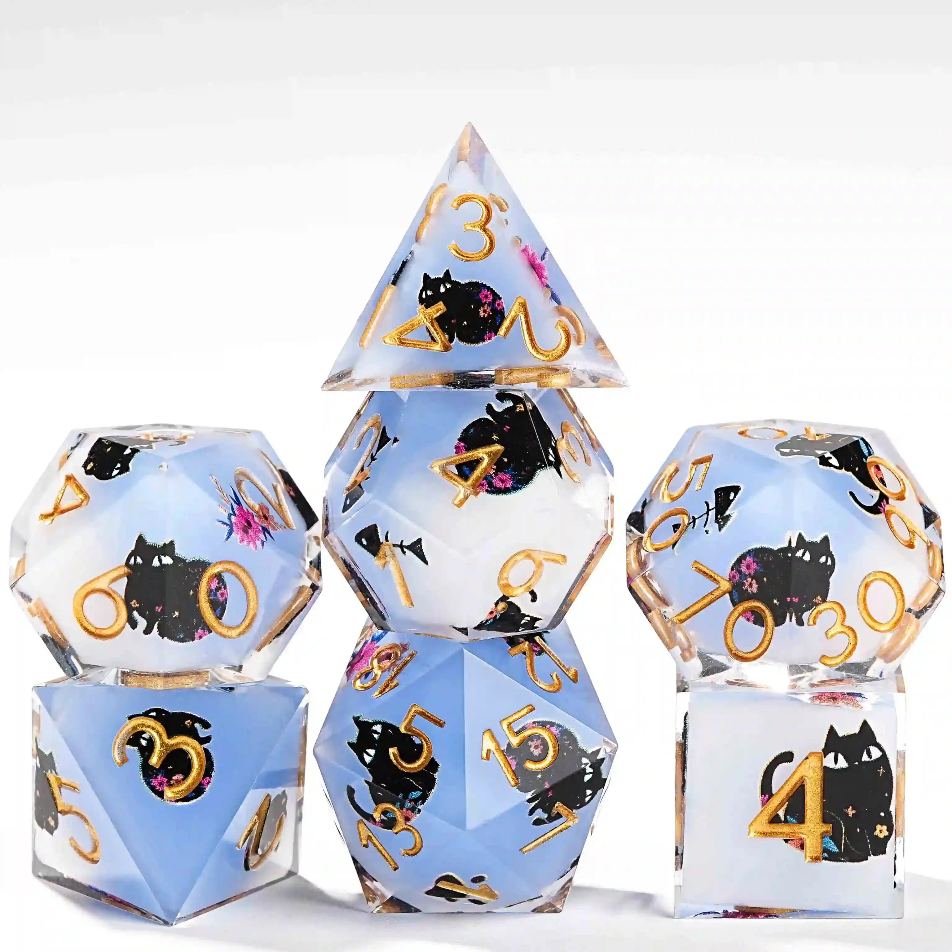 

1-7Pcs DND Solid Resin Dice Black Cat Kitten Dice Set Blue White Multi-sided Polyhedral Dice for D&D COC Role RPG Table Game