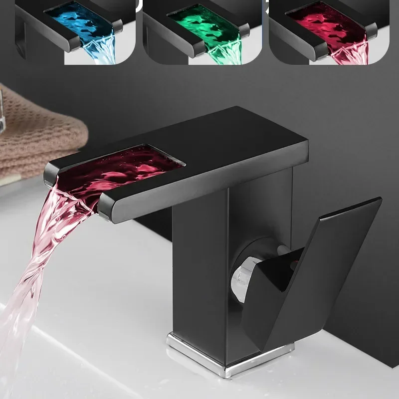 Brass LED Waterfall Bathroom Basin Faucet Cold Hot Water Mixer Crane Sink Tap Color Change Powered by Water Flow Faucets