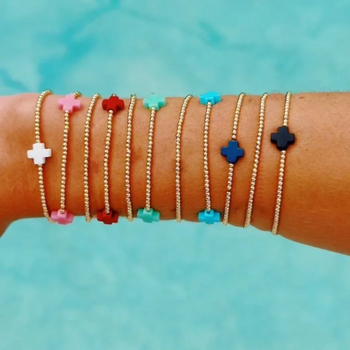 CCGOOD Cross Charm Bracelet 18K Gold Plated Boho Jewelry Stackable Design with 2mm Beads Waterproof Minimalist Gift for Women