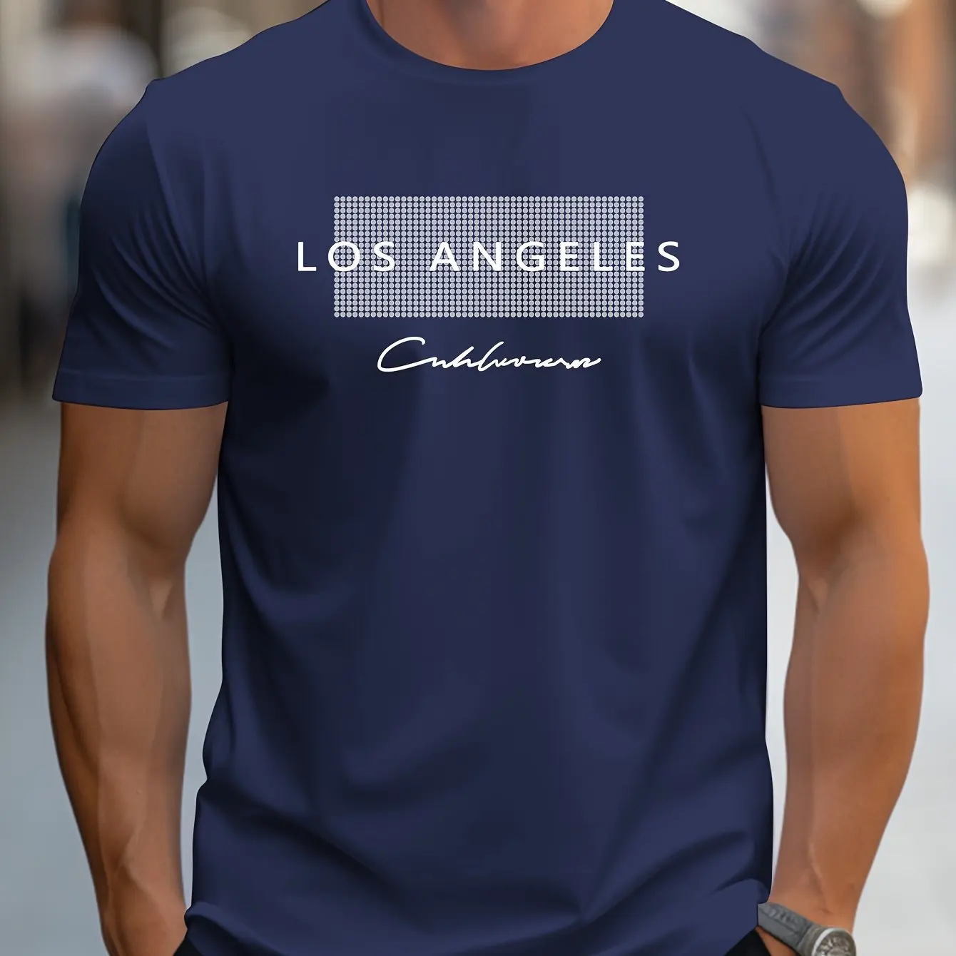Men's summer loose fit large Los Angeles Graphic printed slim fit casual sports round neck short sleeved T-shirt top
