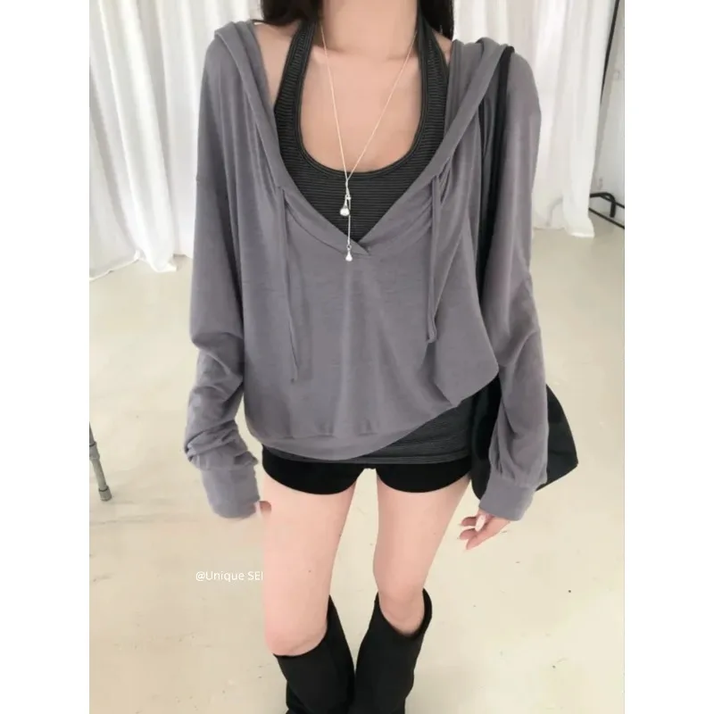 V-neck Loose Casual Hooded Long-sleeved T-shirt Women 2026 Autumn New High Street Solid Color All-match Pleated Drawstring Tops
